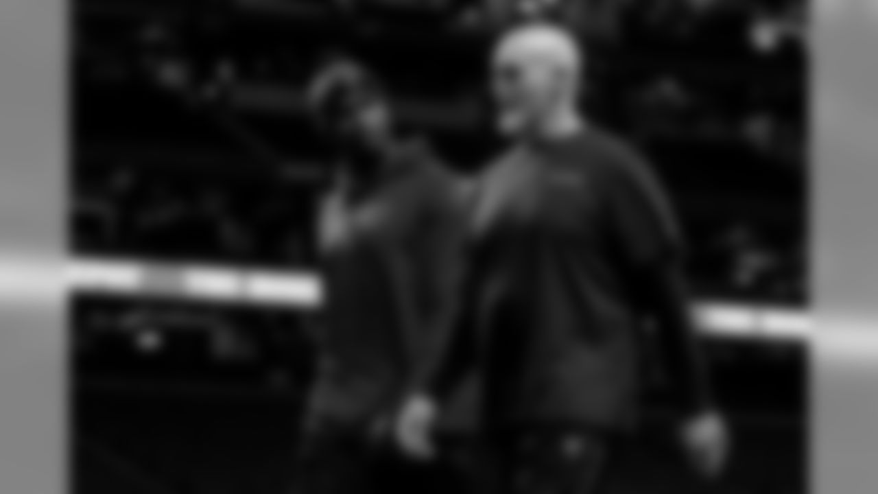 Atlanta Falcons wide receiver Julio Jones #11 walks with.Atlanta Falcons head coach Dan Quinn before the game between the Atlanta Falcons and the New Orleans Saintscat Mercedes-Benz Stadium in Atlanta, GA, on Thursday November 28, 2019. (Photo by Cato Cataldo/Atlanta Falcons)