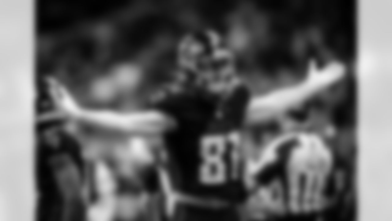 Atlanta Falcons tight end Hayden Hurst #81 reacts after a reception during the second half against the New Orleans Saints at Mercedes-Benz Stadium in Atlanta, Georgia on Sunday, January 9, 2022. (Photo by Shanna Lockwood/Atlanta Falcons)
