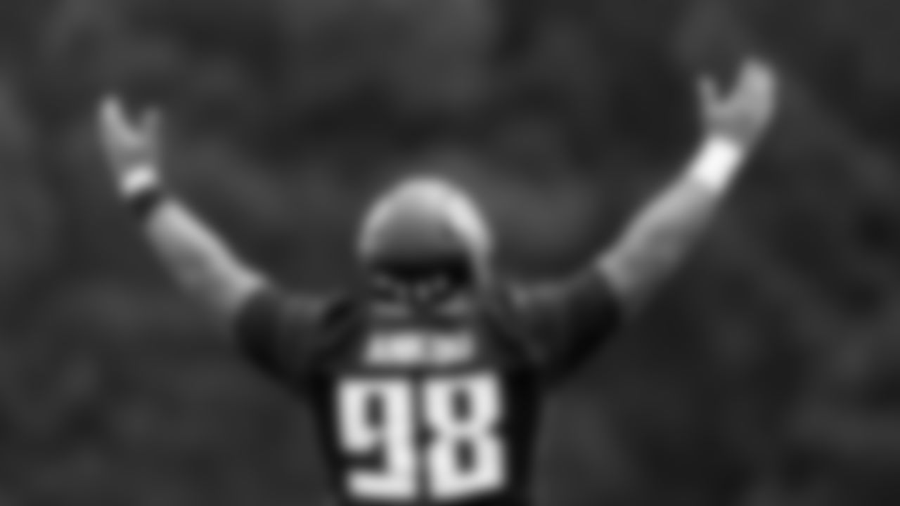 Atlanta Falcons defensive lineman Eli Ankou #98 gestures during organized team activities in Phase III of the Atlanta Falcons offseason program on June 2, 2021.