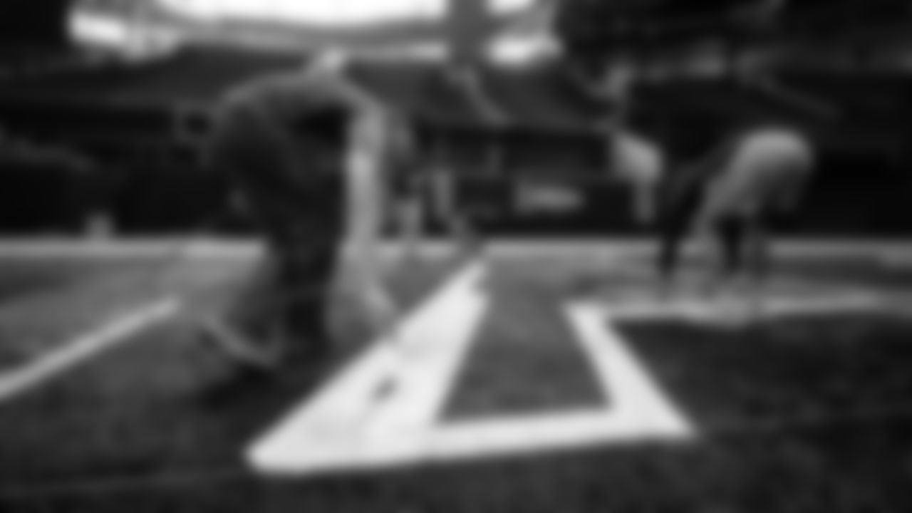 Images of the field being painted before the Atlanta Falcons 2021 throwback game against the New England Patriots at Mercedes-Benz Stadium in Atlanta, Georgia, on Wednesday November 17, 2021. (Photo by Dakota Williams/Atlanta Falcons)