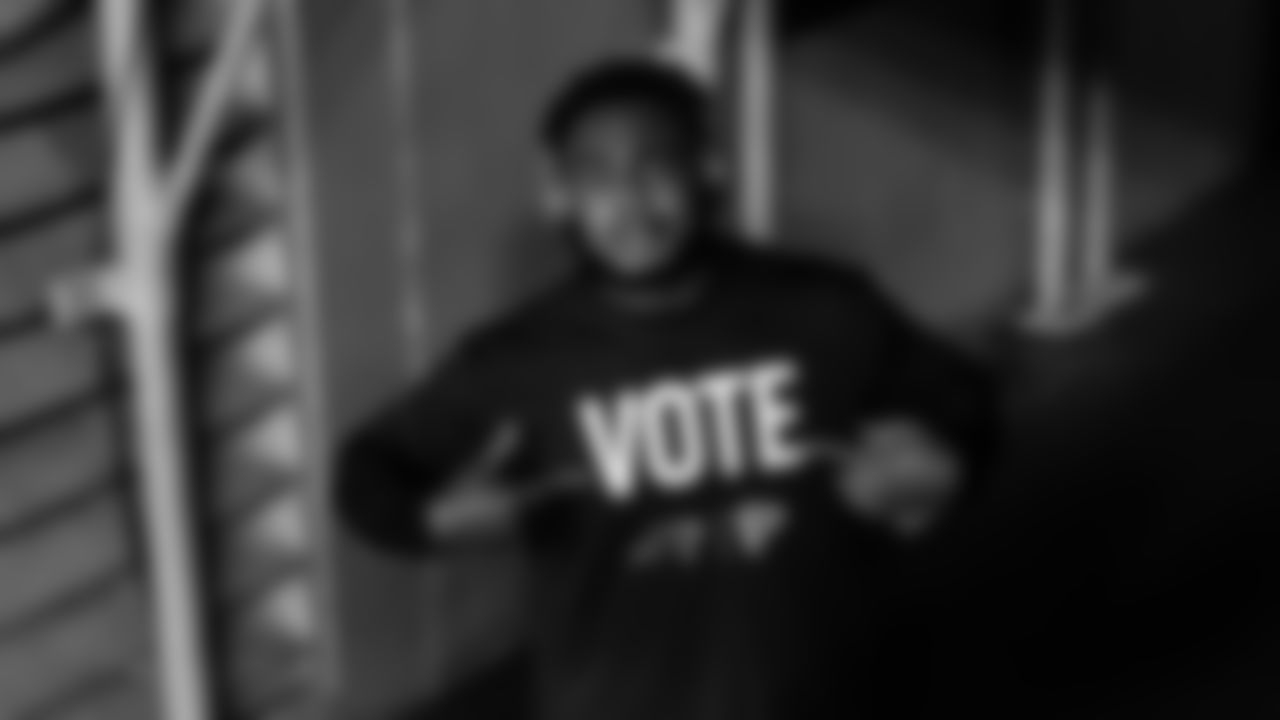 Atlanta Falcons defensive tackle Grady Jarrett #97 in a Rock the Vote shirt before the game against the Carolina Panthers on October 29, 2020. (Photo by Mark Brown/Atlanta Falcons)