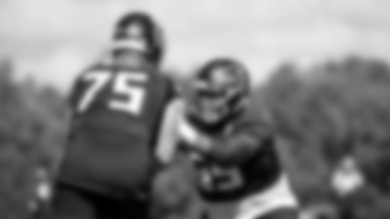 Atlanta Falcons offensive guard Justin McCray #65 works with offensive guard John Wetzel #75 during practice at IBM Performance Field. (Photo by Kara Durrette/Atlanta Falcons)