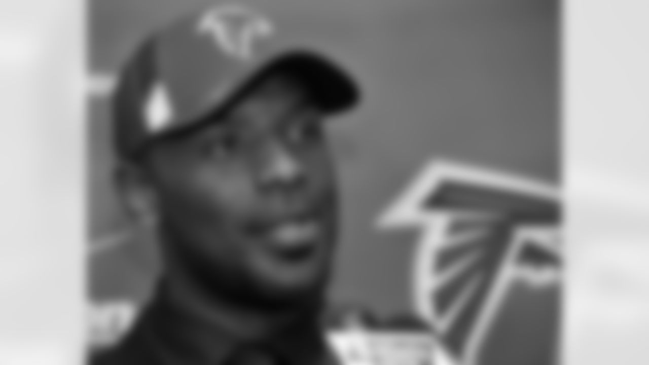 William Moore speaks to the media at his introductory press conference after being drafted by the Falcons in 2009