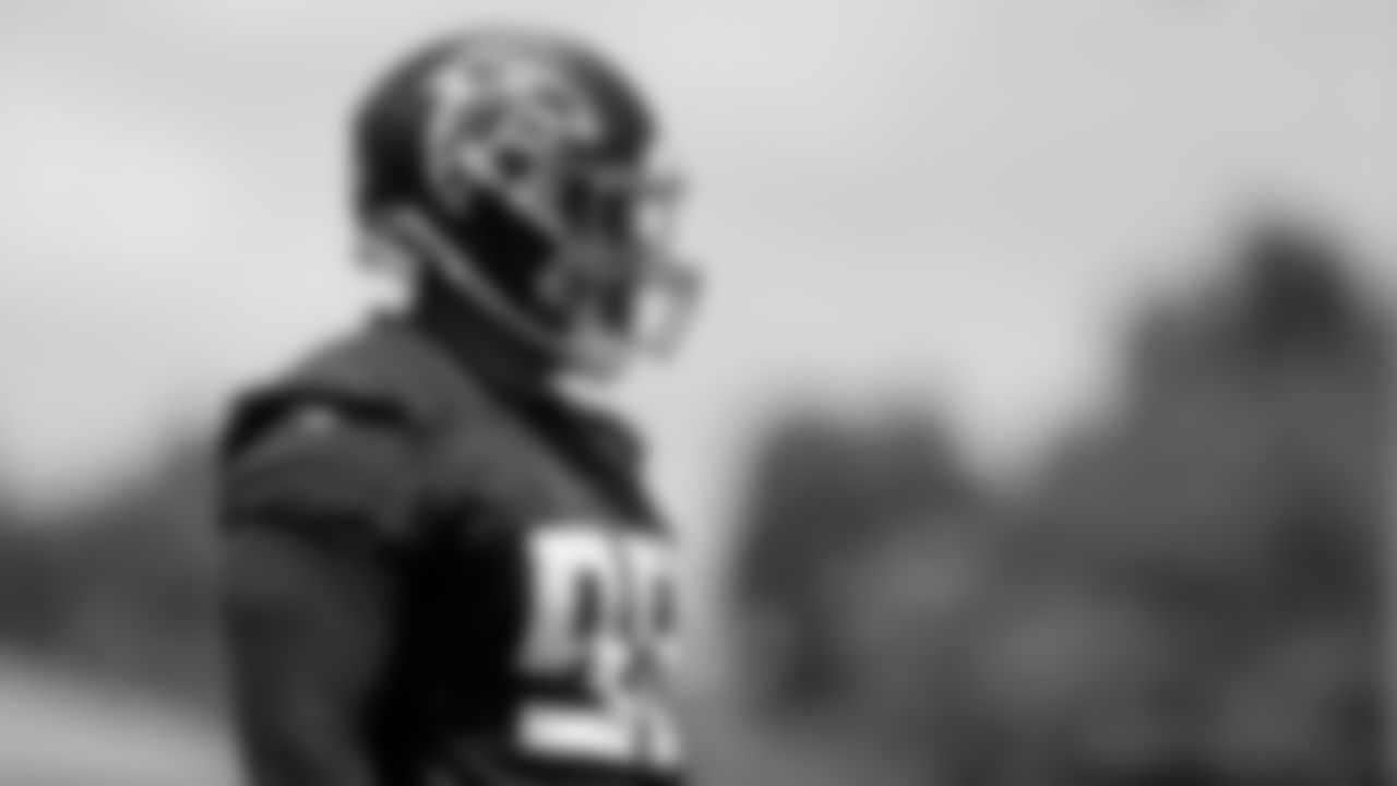 Atlanta Falcons defensive lineman Eli Ankou #98 looks on during the first practice of Atlanta Falcons rookie minicamp on May 14, 2021.