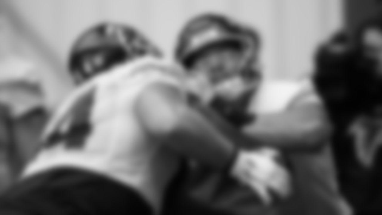 Atlanta Falcons offensive lineman Drew Dalman #67 and offensive lineman Ryan Neuzil #64 during practice in Flowery Branch, Georgia, on Wednesday, January 4, 2023. (Photo by Shanna Lockwood/Atlanta Falcons)