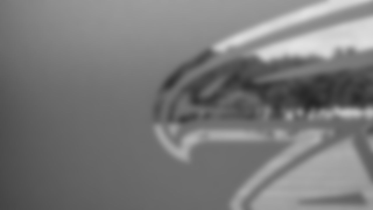 Detail view of an Atlanta Falcons logo on a door to the practice field during practice in Flowery Branch, Georgia, on Wednesday, September 14, 2022. (Photo by Shanna Lockwood/Atlanta Falcons)