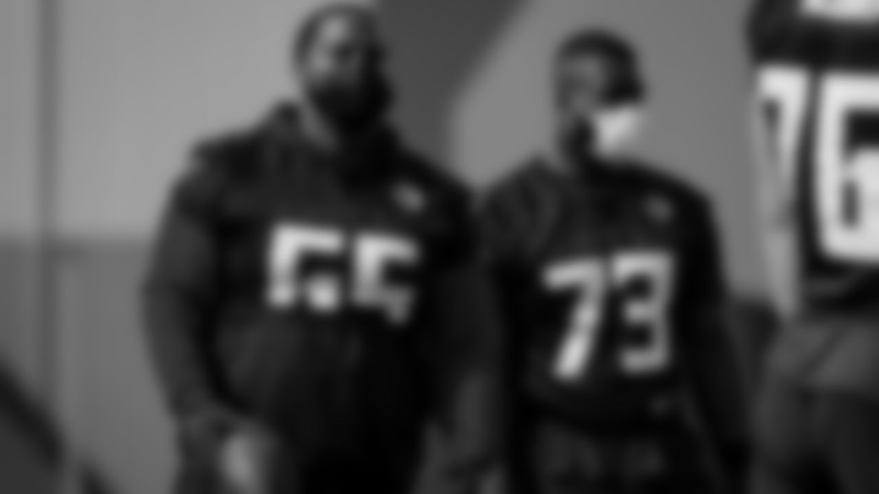 Atlanta Falcons offensive guard Justin McCray #65 and offensive tackle Matt Gono #73 look on during practice at IBM Performance Field.