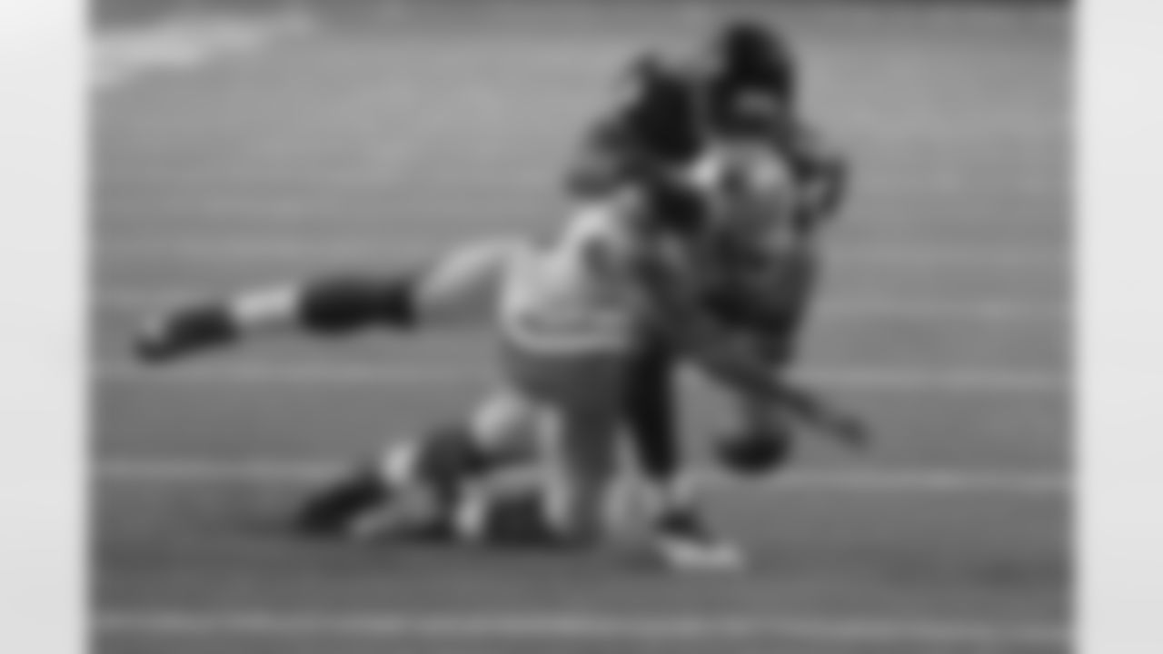 LB Akeem Dent knocks a ball lose late in the fourth quarter to help secure the Falcons victory