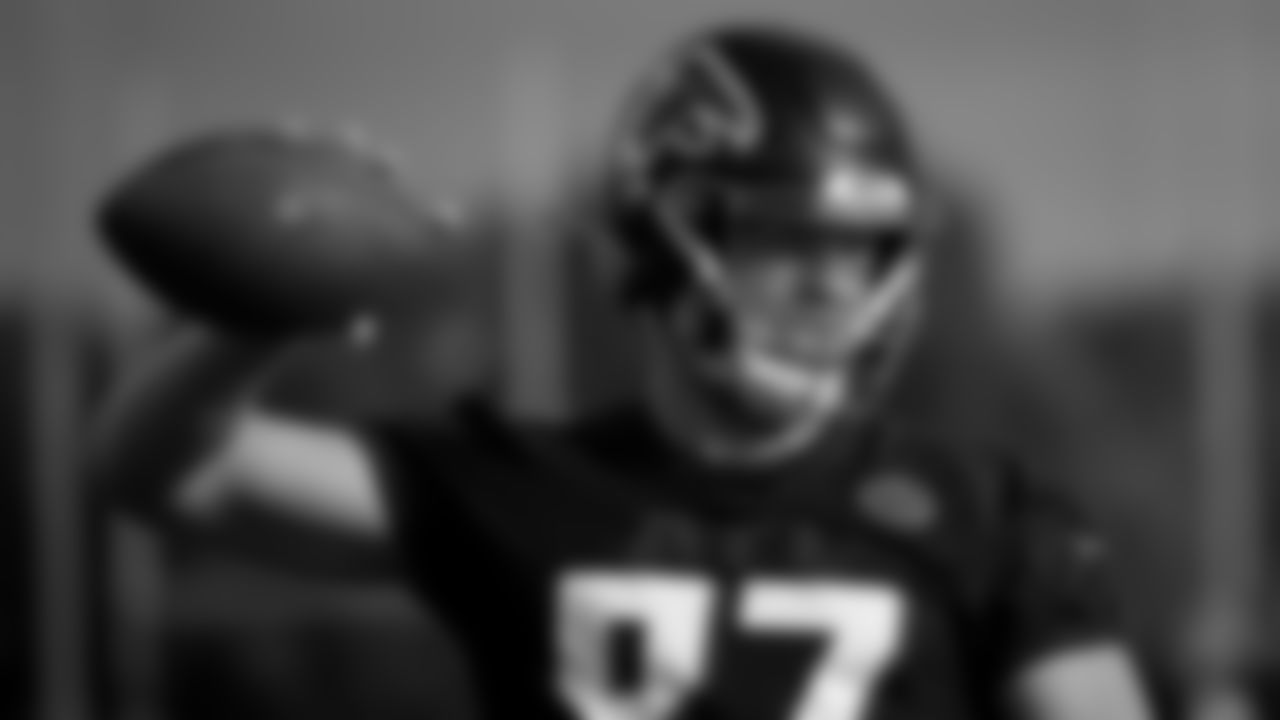 Atlanta Falcons tight end Jaeden Graham #87 looks on at AT&T Atlanta Falcons Training camp on August 15, 2020 in Flowery Branch, Ga. (Photo by Kara Durrette/Atlanta Falcons)