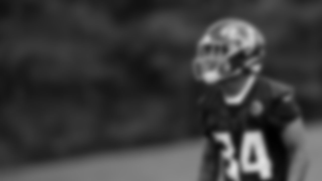 Atlanta Falcons cornerback Darren Hall #34 looks on during the first practice of Atlanta Falcons rookie minicamp on May 14, 2021.