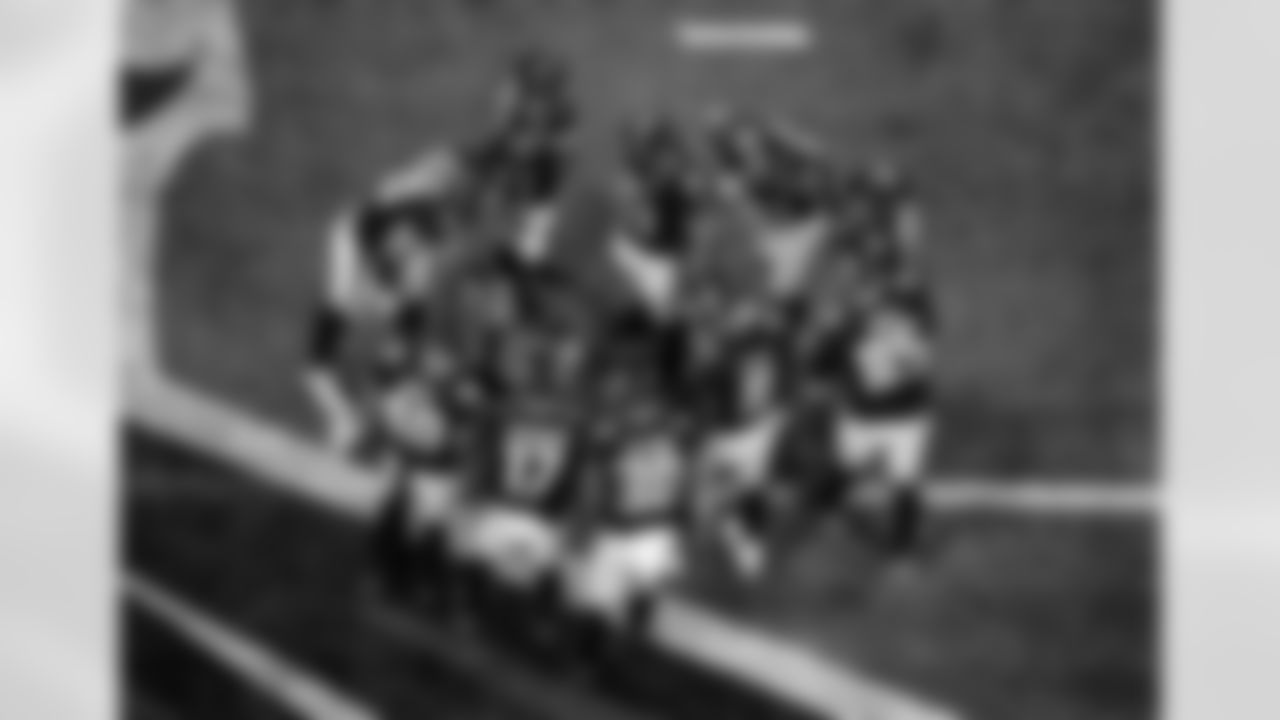Atlanta Falcons quarterback Matt Ryan #2 calls a play in the huddle during the second half against the Tampa Bay Buccaneers at Mercedes-Benz Stadium in Atlanta, Georgia on Sunday, December 5, 2021. (Photo by Dakota Williams/Atlanta Falcons)