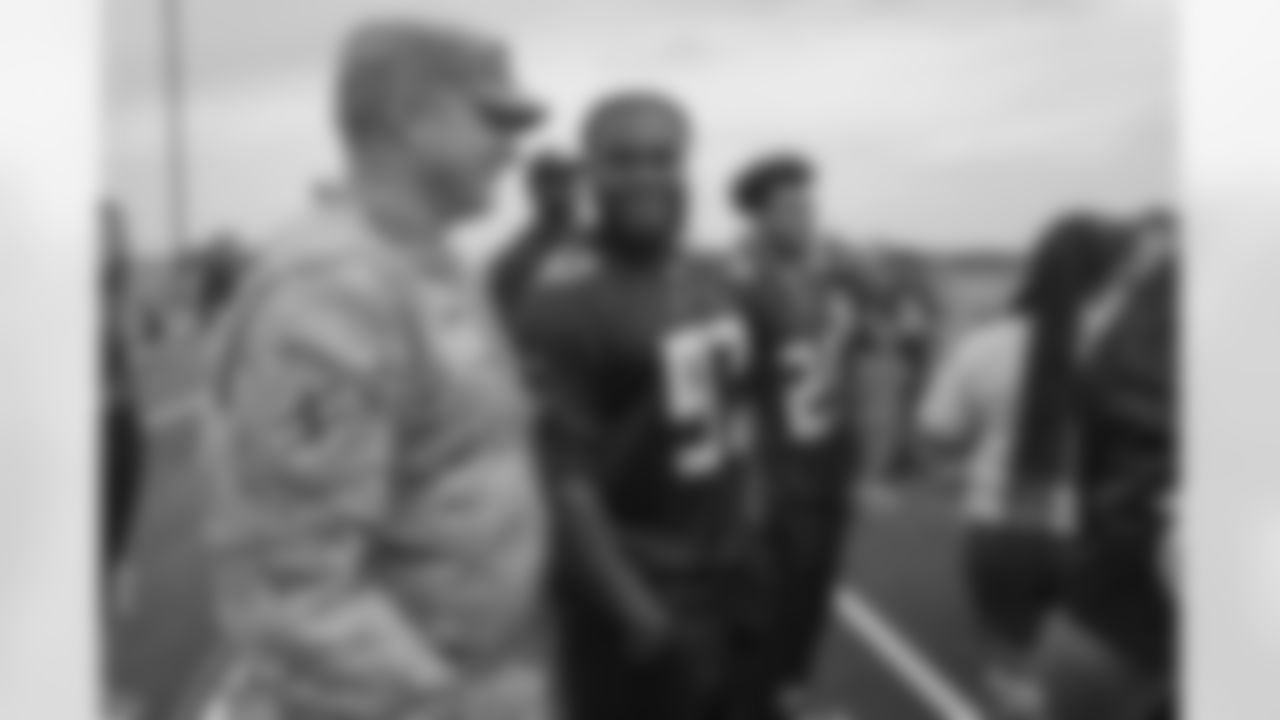 Atlanta Falcons defensive lineman Grady Jarrett #97 during the Season kickoff event at Clay National Guard Center in Marietta, GA on Tuesday, September 5, 2023. (Photo by Shanna Lockwood/Atlanta Falcons)
