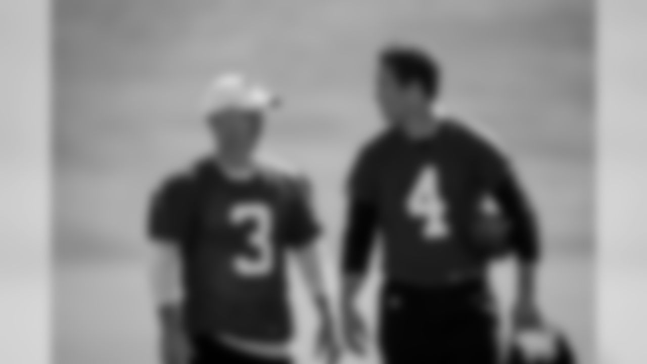Atlanta Falcons kicker Matt Bryant #3 and punter Matt Wile #4 talk during practice. (Photo by Kara Durrette/Atlanta Falcons).