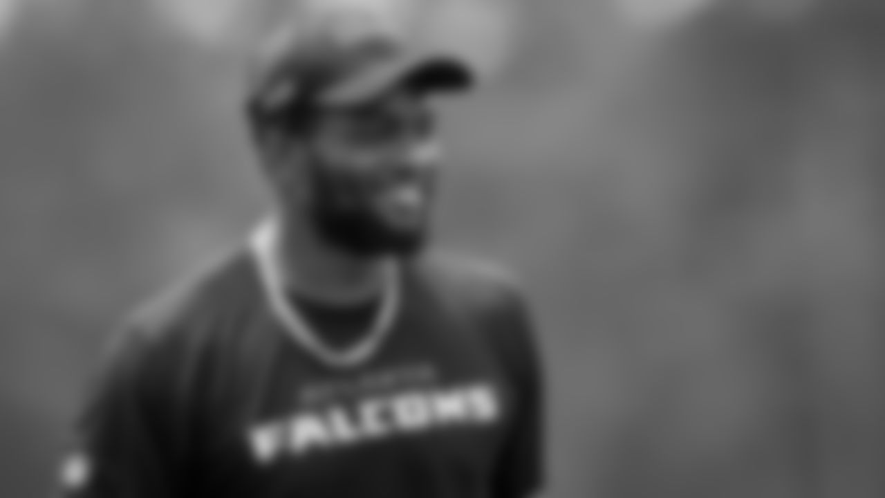 Atlanta Falcons defensive end Dante Fowler, Jr. #56 smiles at AT&T Atlanta Falcons Training Camp on August 7, 2020 in Flowery Branch, GA. (Photo by Kara Durrette/Atlanta Falcons)
