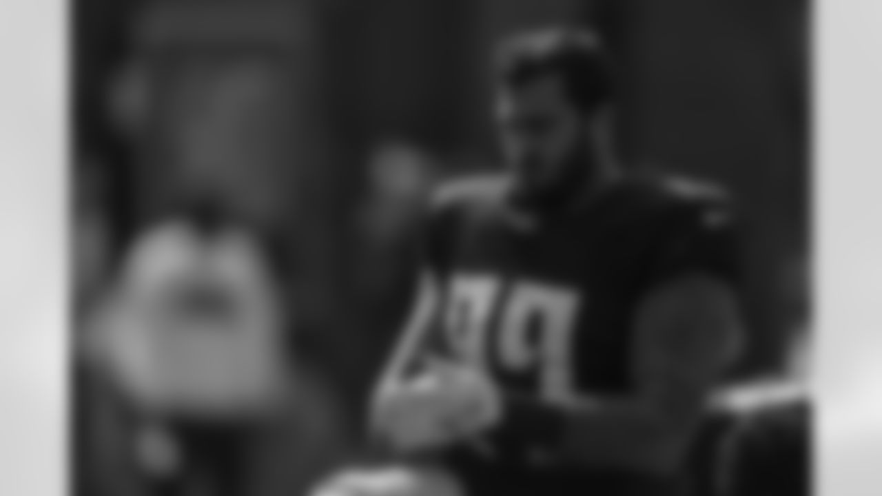 Atlanta Falcons defensive lineman Joe Gaziano #99 during practice at Atlanta Falcons Training Facility in Flowery Branch, Ga. on Wednesday, October 18, 2023. (Photo by Shanna Lockwood/Atlanta Falcons)