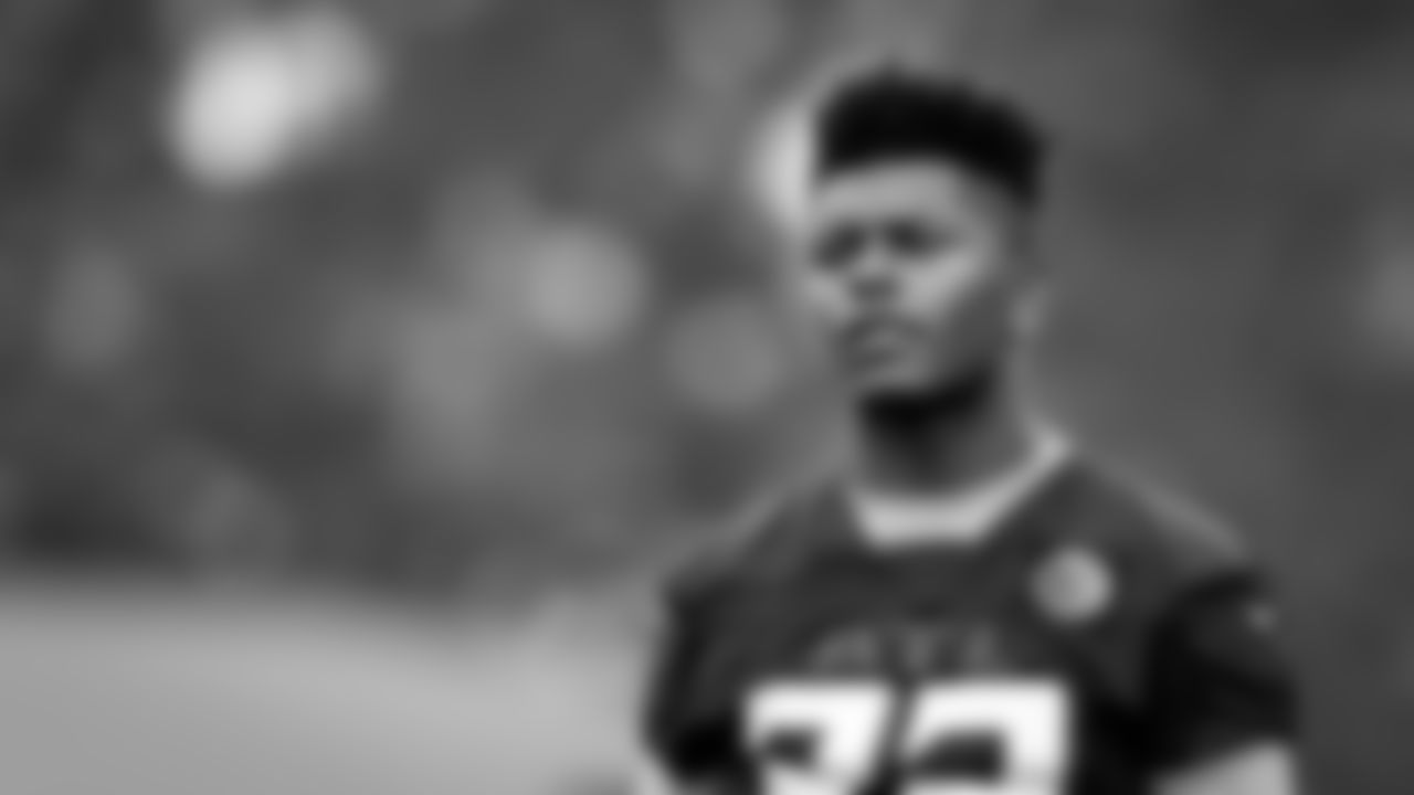 Atlanta Falcons safety Jaylinn Hawkins #32 looks on during field work drills in Phase II of the Atlanta Falcons offseason program on May 18, 2021.