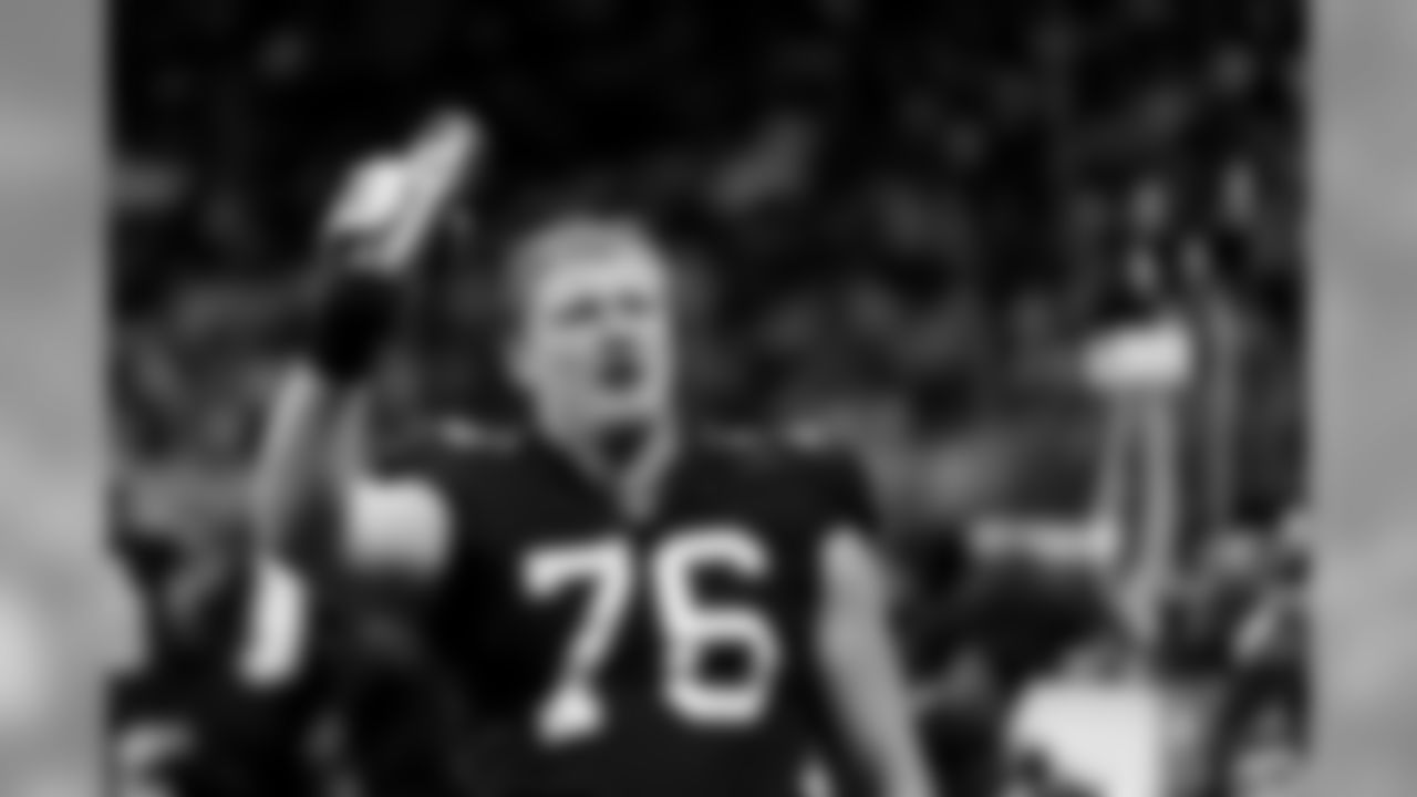 Atlanta Falcons offensive tackle Kaleb McGary #76 gestures from the sideline during the third quarter of the game against the New Orleans Saints at Mercedes-Benz Stadium in Atlanta, GA, on Thursday November 28, 2019. (Photo by Fred Daniels/Atlanta Falcons)