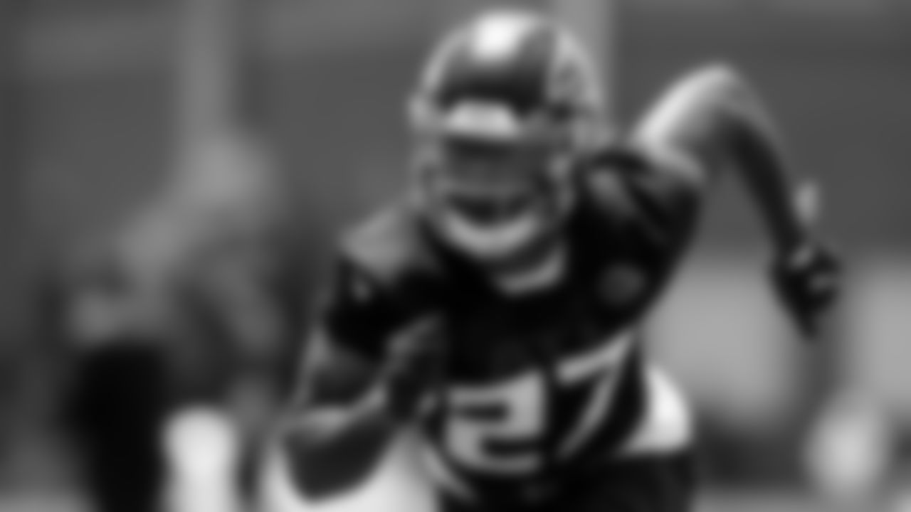 Atlanta Falcons safety Richie Grant #27 in action during the first practice of Atlanta Falcons rookie minicamp on May 14, 2021.