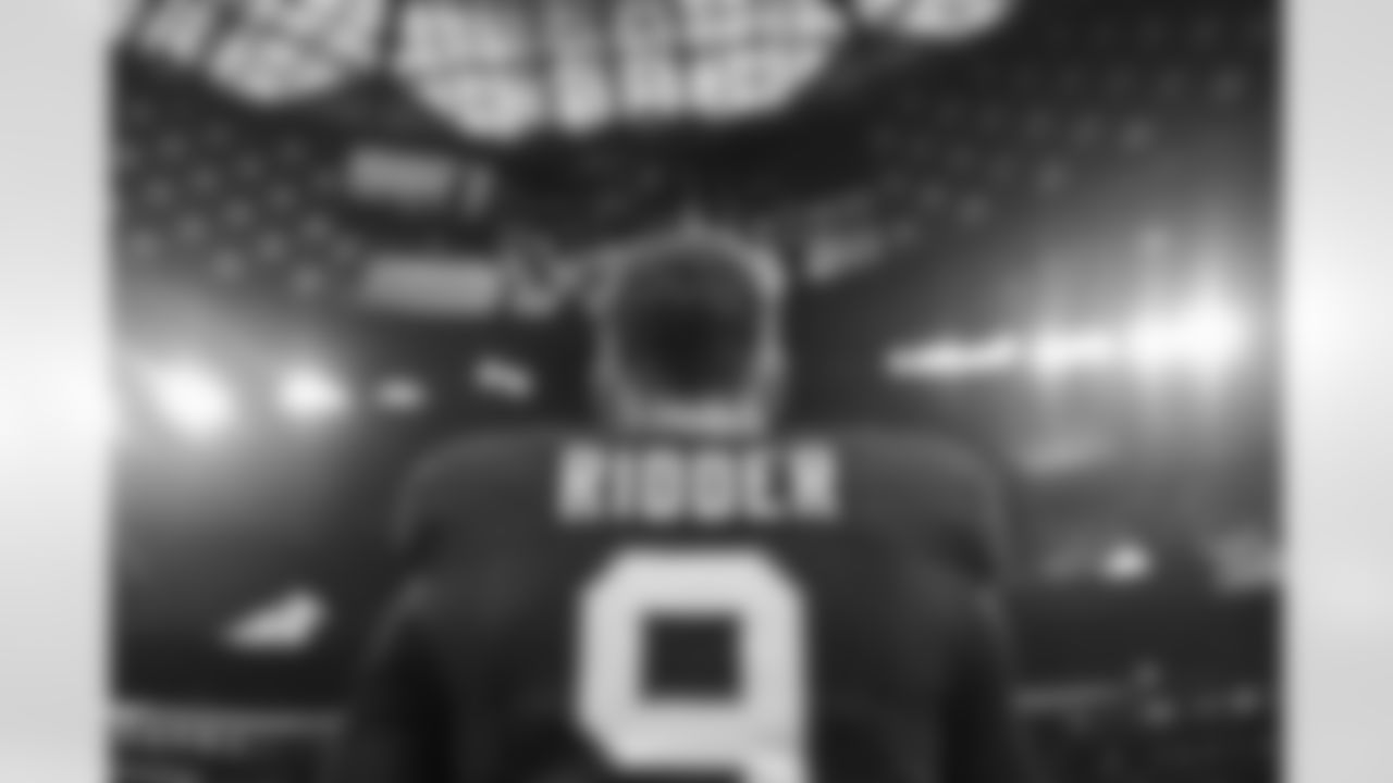 Atlanta Falcons quarterback Desmond Ridder #9 during the National Anthem before the Week 6 Game against the Washington Commanders at Mercedes-Benz Stadium in Atlanta, Georgia on Sunday, October 15, 2023. (Photo by Brandon Magnus/Atlanta Falcons)