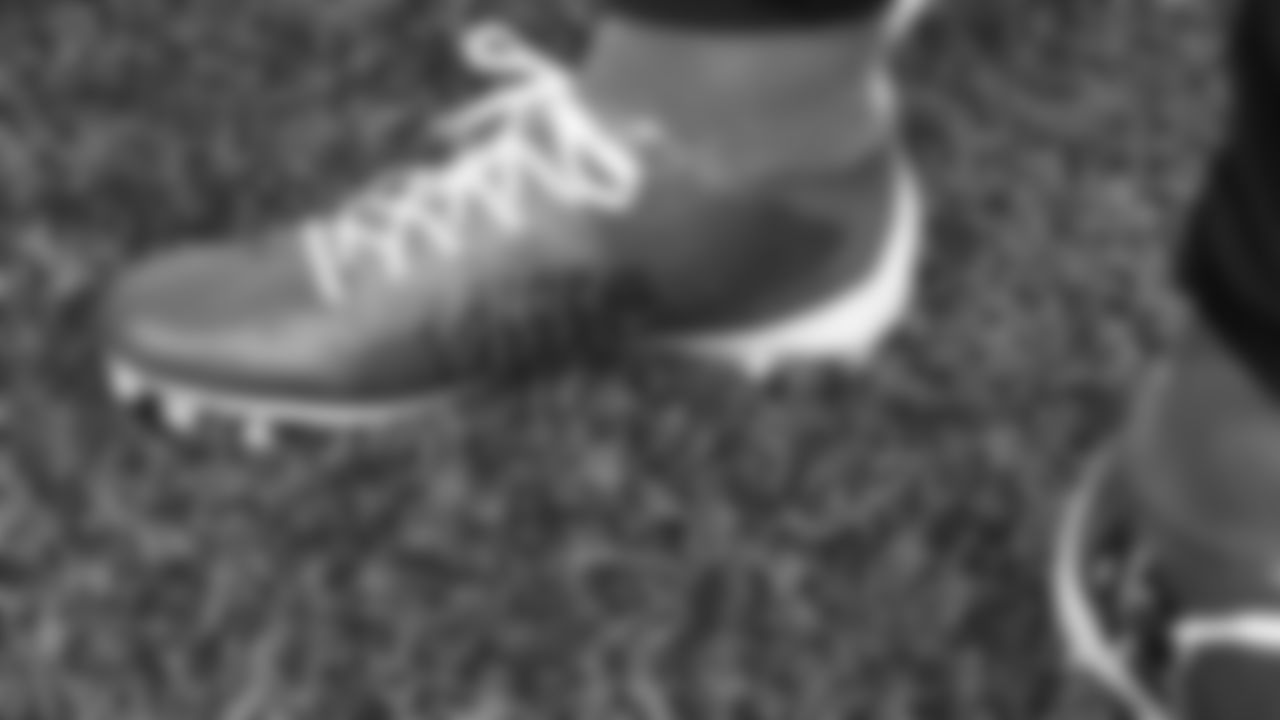 Cleats worn by Atlanta Falcons linebacker Mykal Walker #43 during practice at IBM Performance Field.