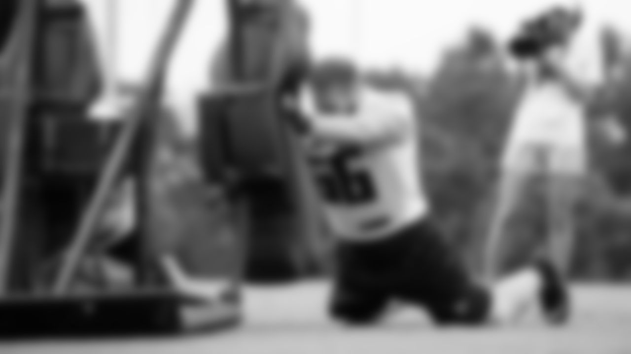Atlanta Falcons offensive lineman Colby Gossett #66 runs a drill during team practice at Atlanta Falcons Headquarters in Flowery Branch, Georgia, on Thursday September 30, 2021. (Photo by Dakota Williams/Atlanta Falcons)