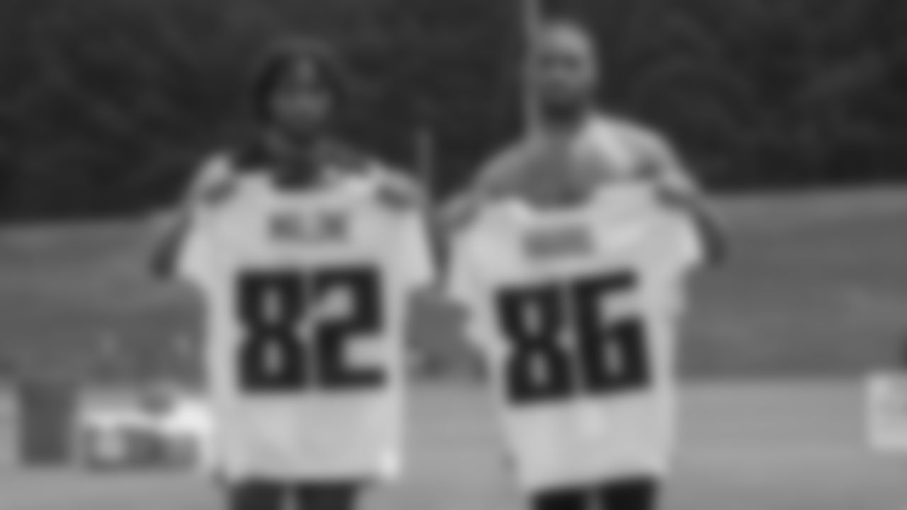 Atlanta Falcons wide receiver Xavier Malone #82 and wide receiver Keilahn Harris #86 during the 2023 Rookie Minicamp at the Atlanta Falcons headquarters in Flowery Branch, Georgia, on Sunday, May 14, 2023. (Photo by Shanna Lockwood/Atlanta Falcons)