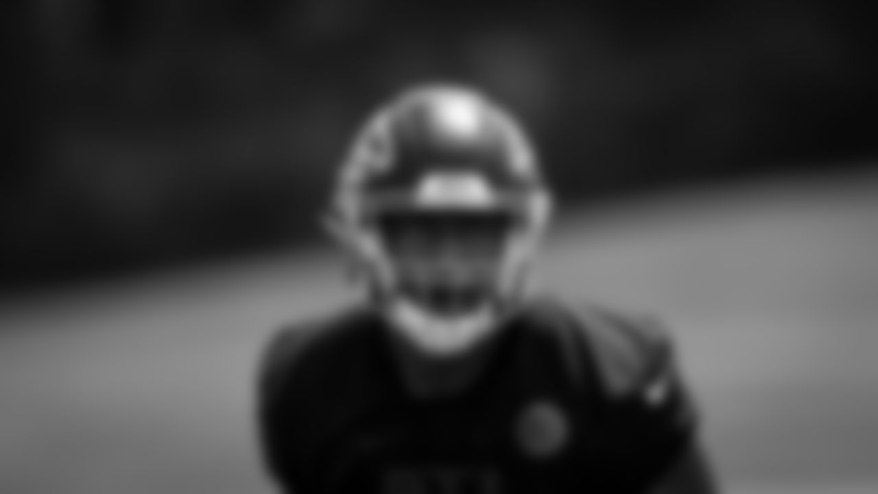 Atlanta Falcons linebacker Kobe Jones #49 looks on during organized team activities in Phase III of the Atlanta Falcons offseason program on May 25, 2021.