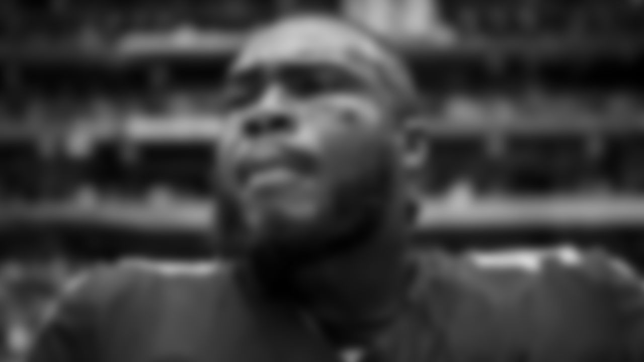 Atlanta Falcons defensive lineman Grady Jarrett #97 prior to the game against the Los Angeles Chargers at Mercedes-Benz Stadium in Atlanta, Georgia on Sunday, November 6, 2022. (Photo by Brandon Magnus/Atlanta Falcons)