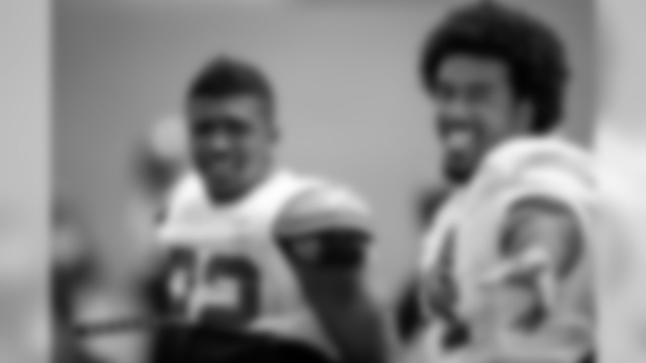 Atlanta Falcons defensive end Vic Beasley, Jr. #44 and strong safety Keanu Neal #22 pose during the second practice preparing for preseason week two against the New York Jets. (Photo by Kara Durrette/Atlanta Falcons)
