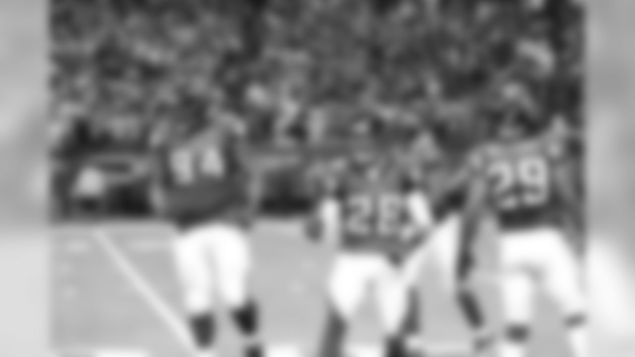 Thomas DeCoud celebrates after stopping a Buccaneers drive at the Falcons' 2 yard line // Falcons vs Buccaneers // 11/7/10 - Georgia Dome