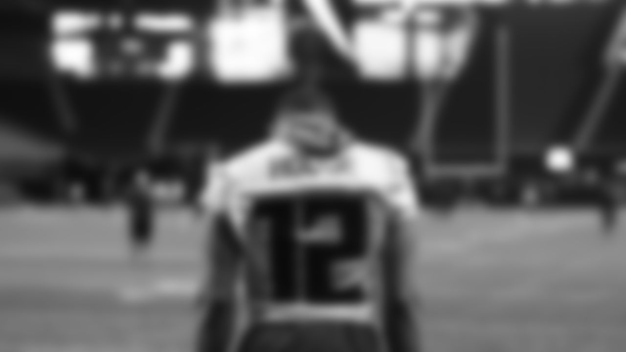 Atlanta Falcons wide receiver KhaDarel Hodge #12 walks onto the field during the Falcons First Look practice at Mercedes-Benz Stadium in Atlanta, Georgia on Friday, June 3, 2022. (Photo by Shanna Lockwood/Atlanta Falcons)