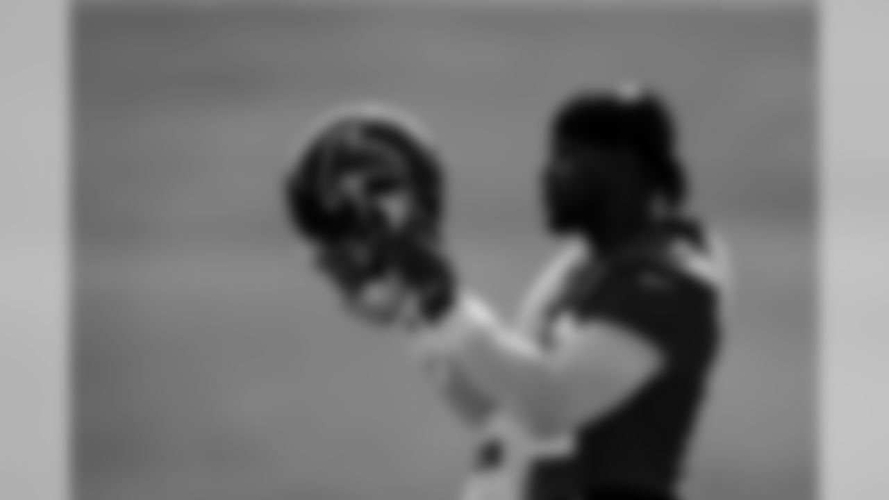 Atlanta Falcons wide receiver Mohamed Sanu #12 puts on his helmet during the third practice preparing for preseason week two against the New York Jets. (Photo by Kara Durrette/Atlanta Falcons)