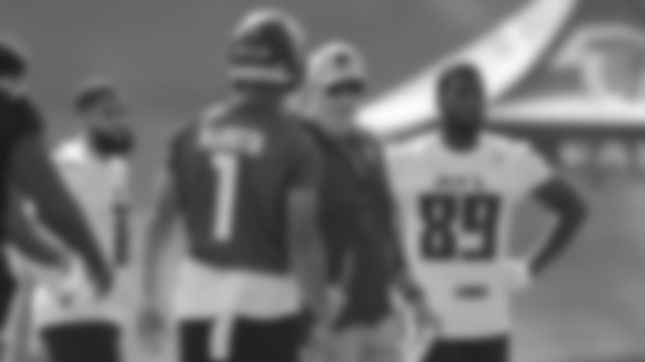 Atlanta Falcons head coach Arthur Smith and quarterback Marcus Mariota #1 during AT&T Atlanta Falcons Training Camp at Atlanta Falcons Headquarters in Flowery Branch, Georgia, on Wednesday, July 27, 2022. (Photo by Shanna Lockwood/Atlanta Falcons)