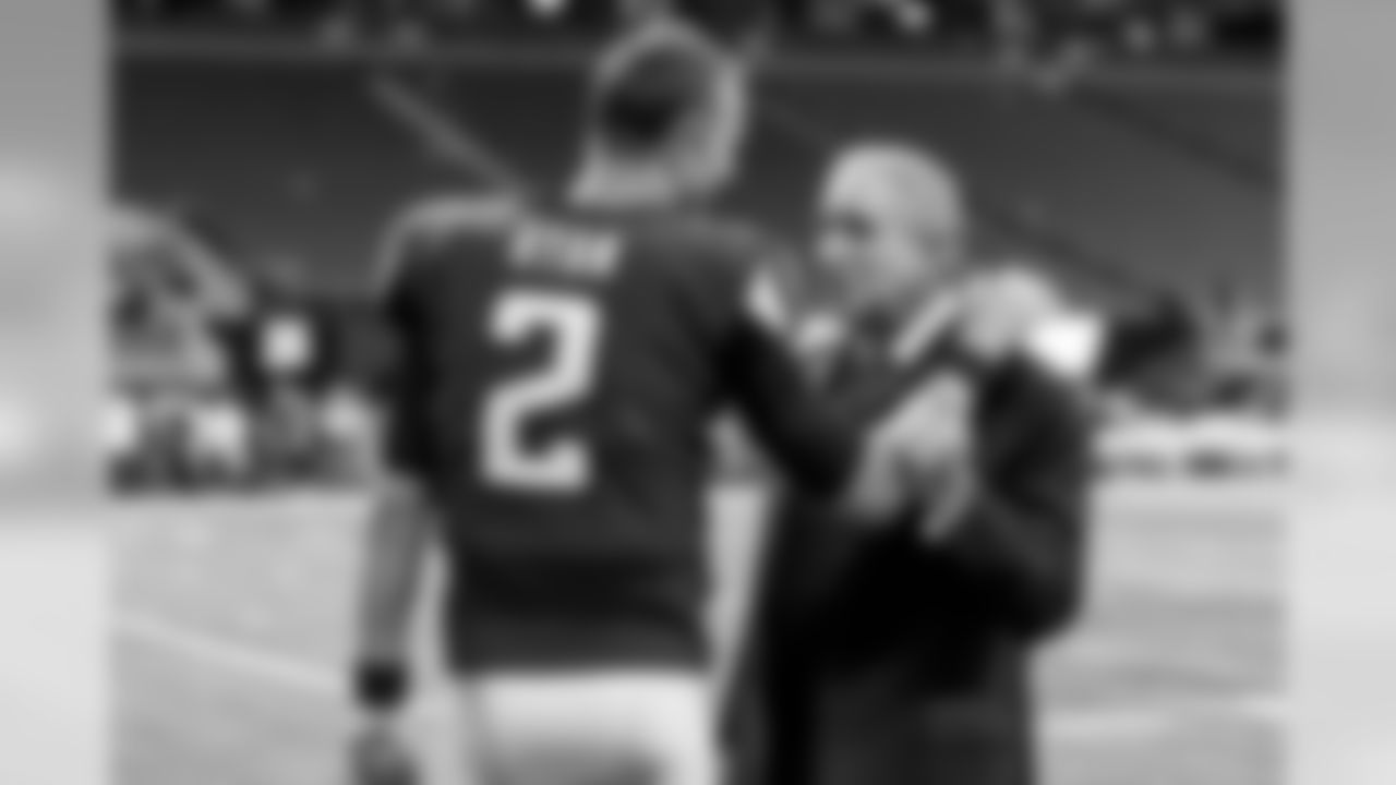 Arthur M Blank talks with Atlanta Falcons quarterback Matt Ryan #2 before the game between the Atlanta Falcons and the Tampa Bay Buccaneers at Mercedes-Benz Stadium in Atlanta, GA, on Sunday November 24, 2019. (Photo by Adler Garfield/Atlanta Falcons)