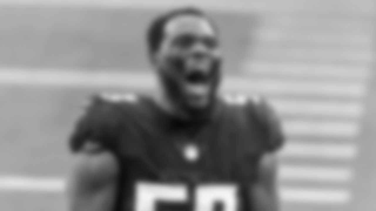 Atlanta Falcons linebacker LaRoy Reynolds #59 yells before the game against the Dallas Cowboys on September 20, 2020. (Photo by Adam Hagy)