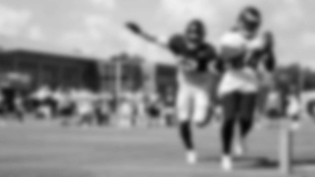 Atlanta Falcons wide receiver Cordarrelle Patterson #84 makes a catch during AT&T Atlanta Falcons Training Camp at Atlanta Falcons Headquarters in Flowery Branch, Georgia, on Thursday August 5, 2021. (Photo by Kara Durrette/Atlanta Falcons)