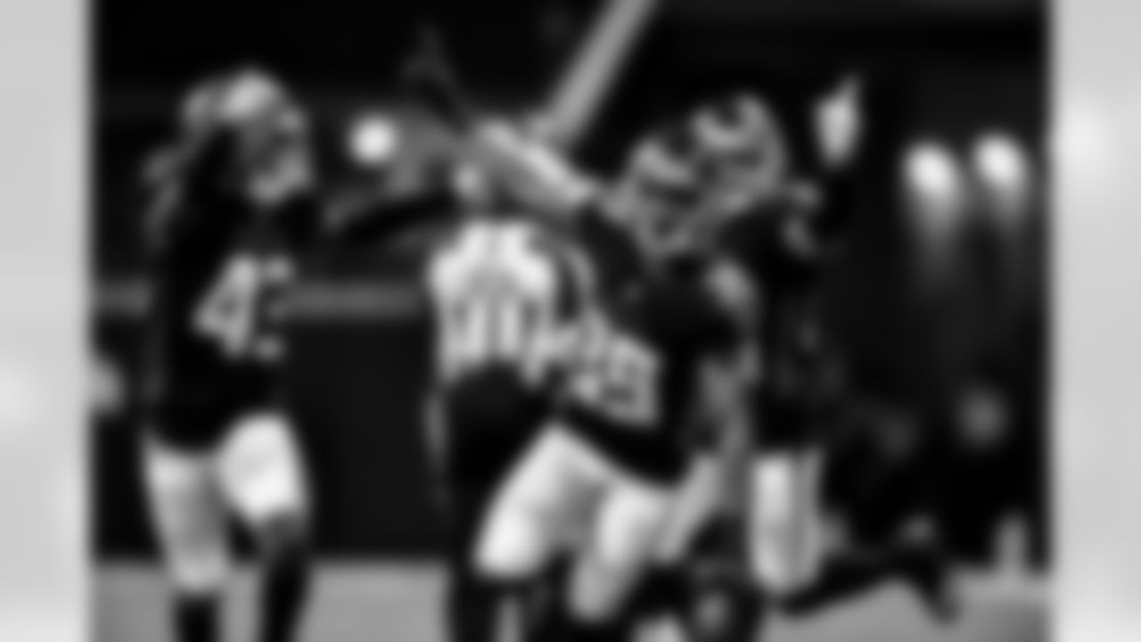 Atlanta Falcons defensive back Corey Ballentine #39 celebrates after intercepting the ball against the Jacksonville Jaguars at Mercedes-Benz Stadium in Atlanta, Georgia on Saturday, August 27, 2022. (Photo by Kyle Hess/Atlanta Falcons)