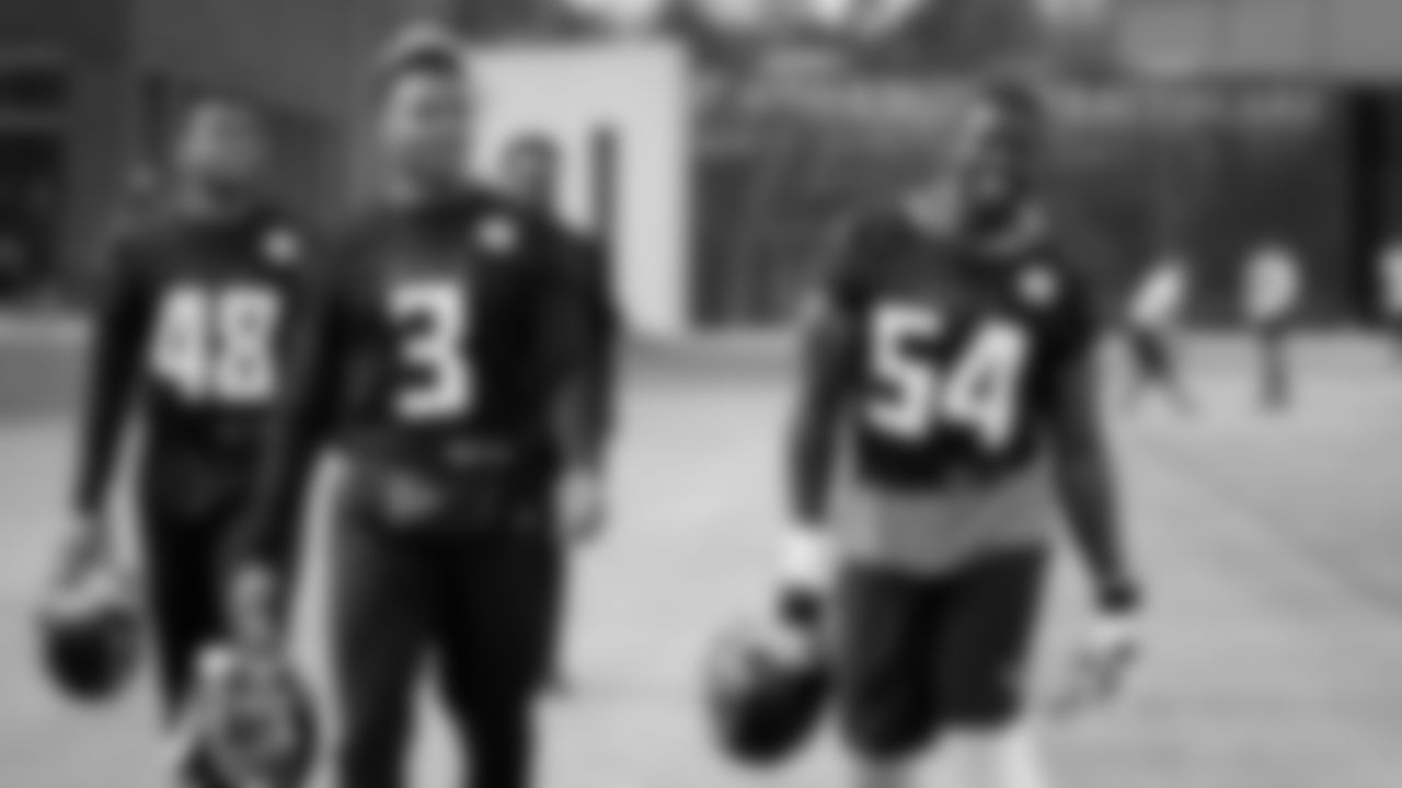 Atlanta Falcons linebacker Mykal Walker #3, linebacker Foye Oluokun #54, and inside linebacker Dorian Etheridge #48 arrive to practice during team practice at Atlanta Falcons Headquarters in Flowery Branch, Georgia, on Thursday, December 16, 2021. (Photo by Shanna Lockwood/Atlanta Falcons)