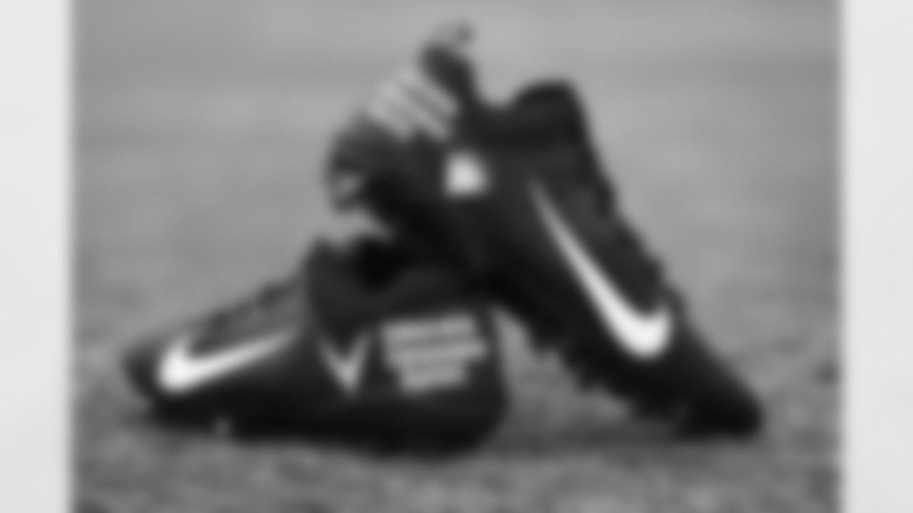 View of the cleats worn by Atlanta Falcons linebacker Foye Oluokun #54 for My Cause, My Cleats at Atlanta Falcons Headquarters in Flowery Branch, Georgia, on Wednesday, December 1, 2021. (Photo by Shanna Lockwood/Atlanta Falcons)