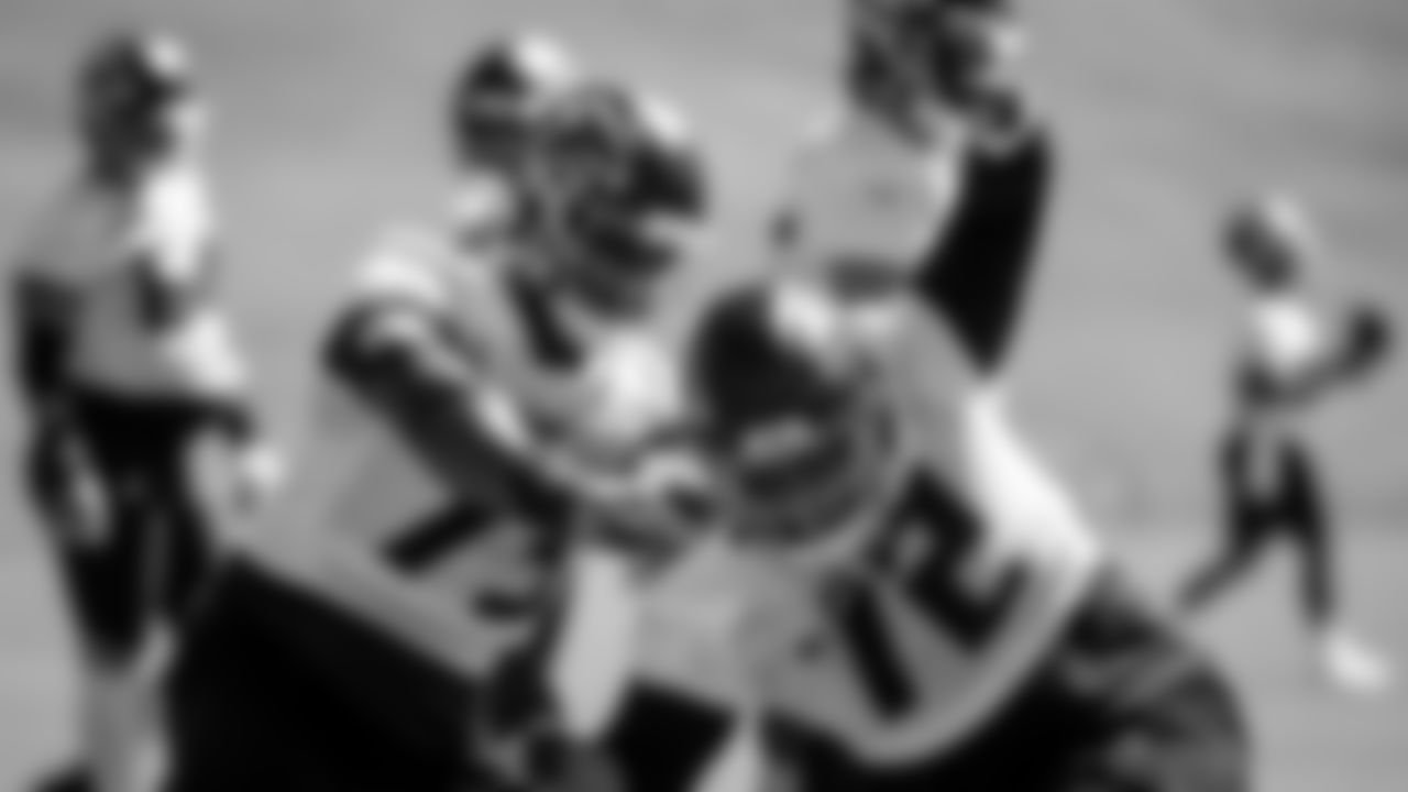 Atlanta Falcons offensive guard Willie Beavers #72 works with offensive tackle Matt Gono #73 during practice at IBM Performance Field. (Photo by Kara Durrette/Atlanta Falcons)