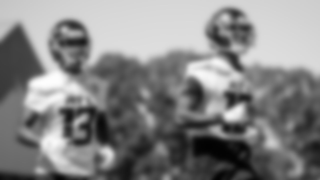 Atlanta Falcons wide receiver Christian Blake #13 runs with wide receiver Calvin Ridley #18 during practice at IBM Performance Field. (Photo by Kara Durrette/Atlanta Falcons)