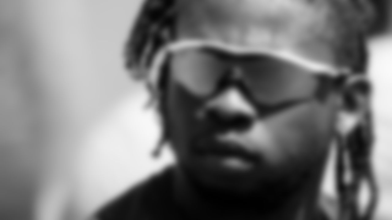 Atlanta Falcons defensive end Takk McKinley #98 looks on at AT&T Atlanta Falcons Training Camp on August 4, 2020 in Flowery Branch, Ga. (Photo by Rob Foldy/Atlanta Falcons)