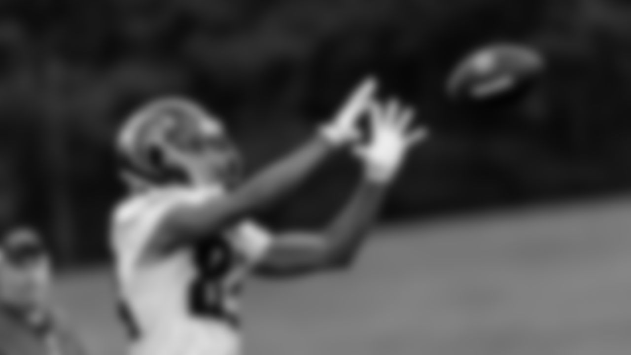 Atlanta Falcons wide receiver Trevor Davis #83 catches a pass during AT&T Atlanta Falcons Training Camp at Atlanta Falcons Headquarters in Flowery Branch, Georgia, on Monday August 23, 2021. (Photo by Dakota Williams/Atlanta Falcons)