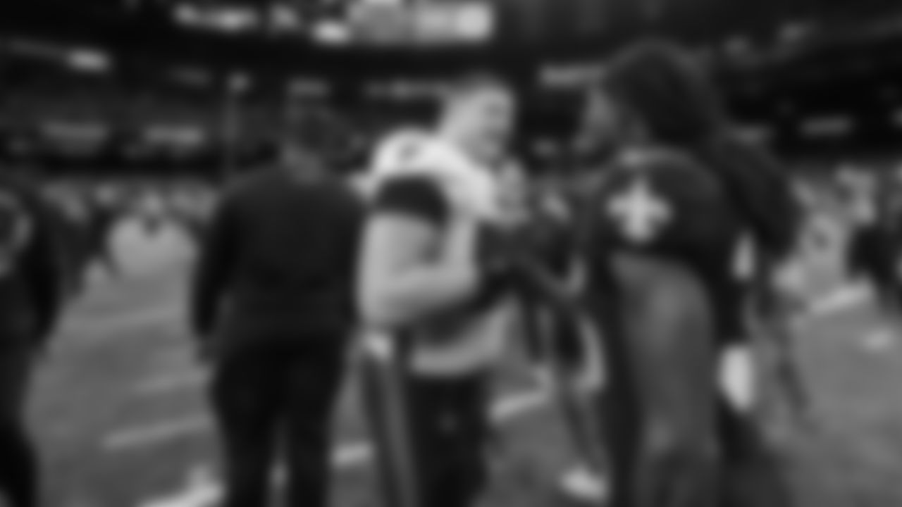 Atlanta Falcons guard Chris Lindstrom #63 interacts with New Orleans Saints players after the game against the New Orleans Saints at Caesars Superdome in New Orleans, Louisiana on Sunday, December 18, 2022. (Photo by Shanna Lockwood/Atlanta Falcons)