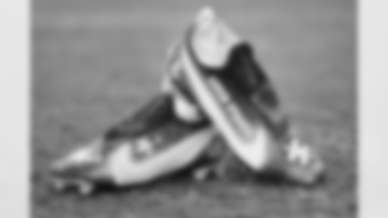 View of the cleats worn by Atlanta Falcons strong safety Duron Harmon #21 for My Cause, My Cleats at Atlanta Falcons Headquarters in Flowery Branch, Georgia, on Wednesday, December 1, 2021. (Photo by Shanna Lockwood/Atlanta Falcons)