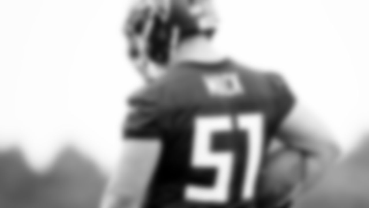Atlanta Falcons center Alex Mack #51 wears the new practice jersey at AT&T Atlanta Falcons Training camp on August 13, 2020 in Flowery Branch, Ga. (Photo by Kara Durrette/Atlanta Falcons)