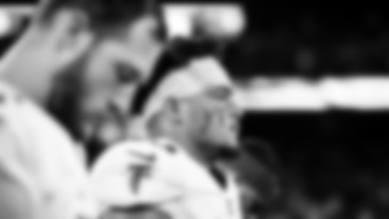 Atlanta Falcons running back Tyler Allgeier #25 looks on during the National Anthem before the game against the New York Jets at MetLife Stadium in East Rutherford, New Jersey on Monday, August 22, 2022. (Photo by Shanna Lockwood/Atlanta Falcons)