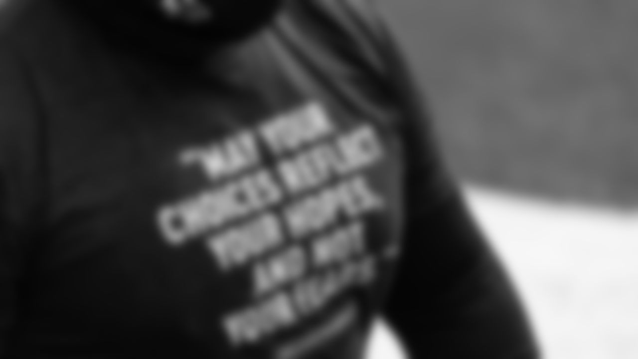 A Nelson Mandela quote is worn on a shirt by a Atlanta Falcons player before the game against the Minnesota Vikings on October 18, 2020. (Photo by Cato Cataldo/AtlantaFalcons)