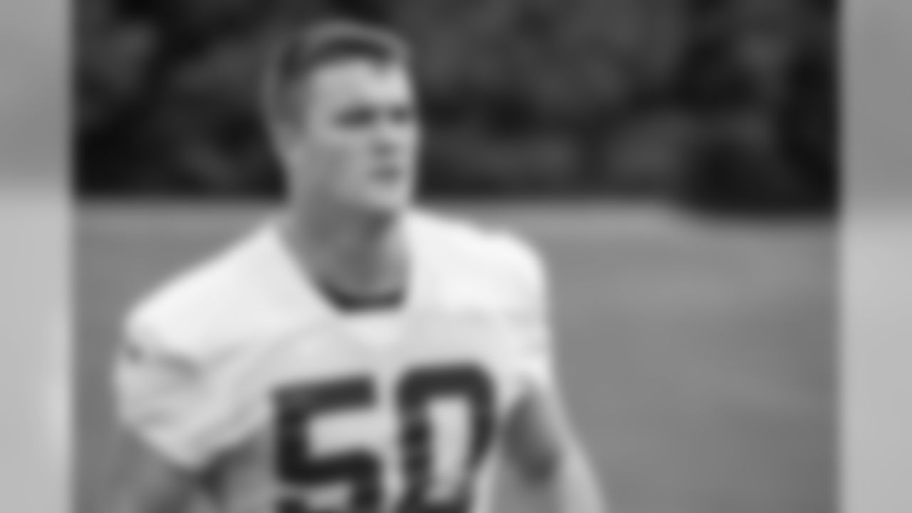 Atlanta Falcons defensive end John Cominsky #50 looks on during practice. (Photo by Kara Durrette/Atlanta Falcons)