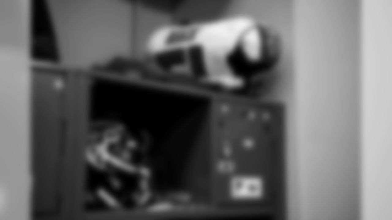 A general view of Atlanta Falcons center Alex Mack's locker before the game against the Indianapolis Colts at Lucas Oil Stadium in Indianapolis, Indiana, on Sunday September 22, 2019. (Photo by Rob Foldy/Atlanta Falcons)